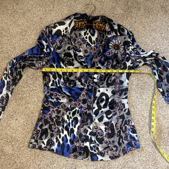 Cache Multicolor Satin Animal-Print Blouse in Blue, Black, Silver and Purple! - Picture 4 of 7